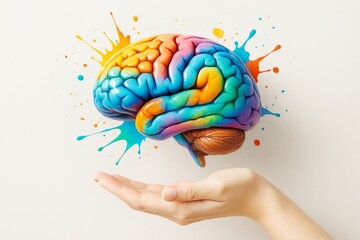 Poster - Colorful human brain model floating above open hand with splashes on light background, symbolizing creativity, intelligence, and science.