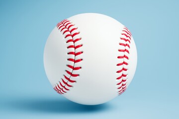 Poster - Close-up of a white baseball with red stitching floating against a clean light blue background for sport concept or branding template mockup.