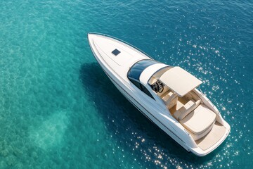 Poster - Luxury white motorboat floating on crystal-clear turquoise sea with bright sunlight reflection, viewed from above on a sunny day.