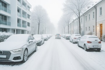 Poster - Snow-covered urban street with parked cars and residential buildings in soft morning light during winter season. Ai generative.