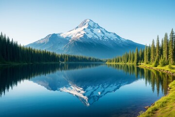 Poster - Majestic snow-capped mountain reflected in calm lake with pine forest under clear blue sky in soft morning light, perfect for travel background concept.