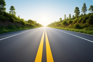 Poster - Empty highway stretching into sunrise with trees and green hills on both sides under clear blue sky, symbolizing travel and freedom concept.
