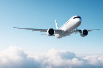 Poster - Commercial airplane flying above clouds in bright blue sky with soft sunlight and clear background, symbolizing modern air travel freedom.