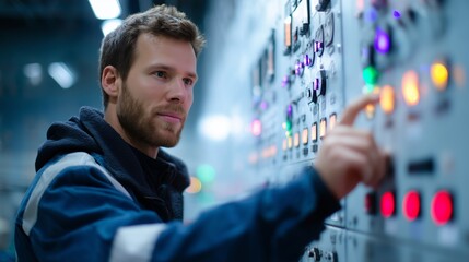 Poster - Technician operates control panel in high-tech facility during evening shift