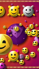 Poster - A bunch of smiling faces are floating in the air. Some are yellow and some are pink. The faces are scattered all over the image