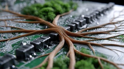 Aufkleber - A green and brown tree made out of wires and electronics