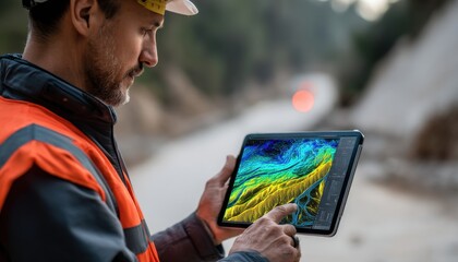 Aufkleber - A man in an orange jacket is looking at a tablet with a map on it