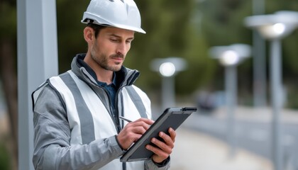 Aufkleber - A man wearing a hard hat and safety vest is using a tablet to take notes