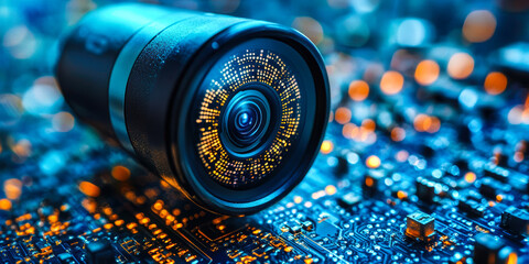 Poster - Close up of camera lens on illuminated printed circuit board with blue and orange light reflections technology cybersecurity concept
