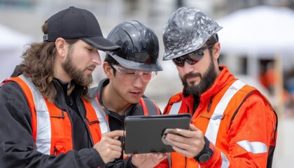 Aufkleber - Three men in orange safety vests are looking at a tablet