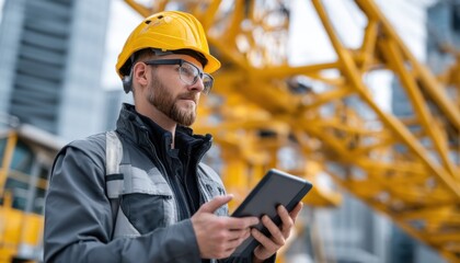 Aufkleber - A man wearing a yellow helmet and safety glasses is holding a tablet in his hand