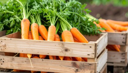 wooden crates filled with freshly harvested carrots featuring vibrant green tops, bathed in warm, di
