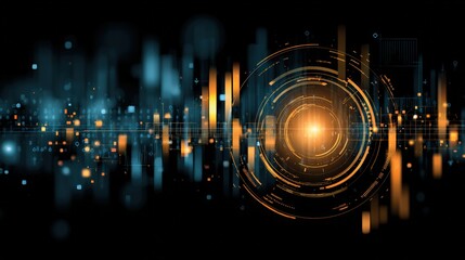 Poster - Abstract futuristic tech interface with glowing circle and geometric elements on black background