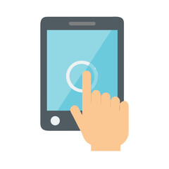 Poster - Hand touching touchscreen on smartphone with a blue interface  