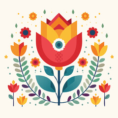 Poster - A vibrant and symmetrical floral vector illustration featuring stylized flowers, leaves, and decorative elements in a colorful, flat design style.