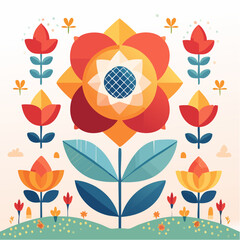 Poster - A vibrant and symmetrical floral illustration featuring stylized flowers, leaves, and decorative elements in a flat design style with a gradient background