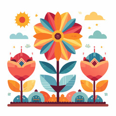Poster - A vibrant and whimsical illustration featuring a large central flower surrounded by stylized flowers, sun, and clouds, creating a charming floral scene.