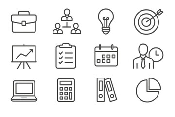 Poster - Business icons illustrating organization, planning, and analysis in a modern workspace environment