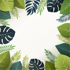 Poster - A vibrant illustration featuring a lush arrangement of stylized tropical leaves, creating a decorative border with ample blank space for text or design elements.