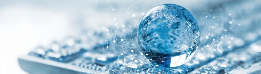 Poster - A blue globe resting on a keyboard with a network of dots and lines connecting around it