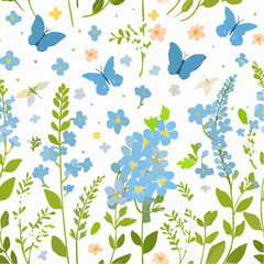 Poster - Beautiful seamless floral pattern with blue butterflies, forget-me-not flowers, and other delicate floral elements on a white background, vector illustration