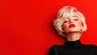 © senadlife - A stylish blonde woman with a confident expression and bold red lipstick, against a vivid red background, illustrating beauty, fashion, self-expression, and modern elegance.