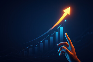 Poster - A rising trend in digital growth is illustrated by a glowing arrow and increasing bars symbolizing progress and success in business