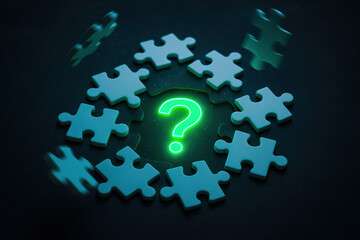 Poster - A glowing question mark surrounded by scattered puzzle pieces symbolizes decision making and problem solving in business strategy