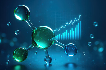 Aufkleber - This conveys growth and analysis through a dynamic molecular structure paired with rising digital graph elements symbolizing innovation and progress in scientific or business fields