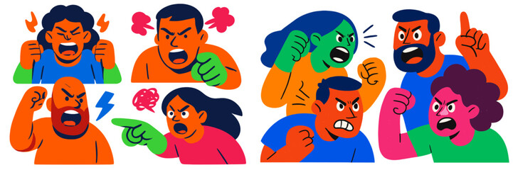 Aufkleber - Emotional conflict among diverse individuals expressing anger and frustration in a bold illustrative style