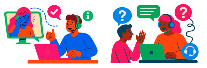 Leinwandbilder - Support agents assist customers through online chat and video call in a modern workspace setting