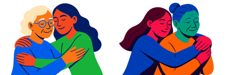 Poster - Embracing moments between generations in a colorful illustration of love and care