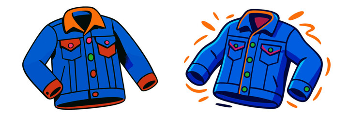 Poster - Colorful denim jackets displayed in a creative illustration showcasing fashion design elements and vibrant colors