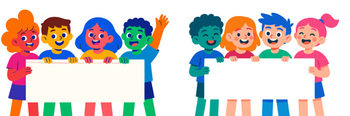 Poster - Group of happy children holding blank banners at a fun event in a colorful setting during daytime