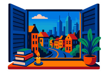 Aufkleber - Colorful cityscape viewed from a cozy window with books, a plant, and a candle at dusk