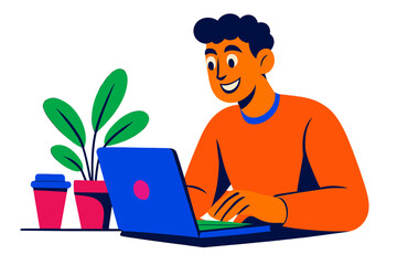 Poster - Person working on laptop at a table with plants and coffee cups in a bright and colorful environment