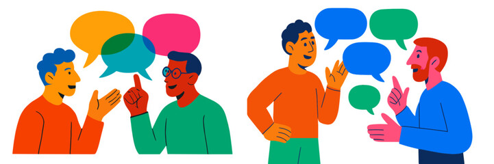 Poster - Two groups of people engaged in lively conversations with colorful speech bubbles representing dialogue and ideas exchanged