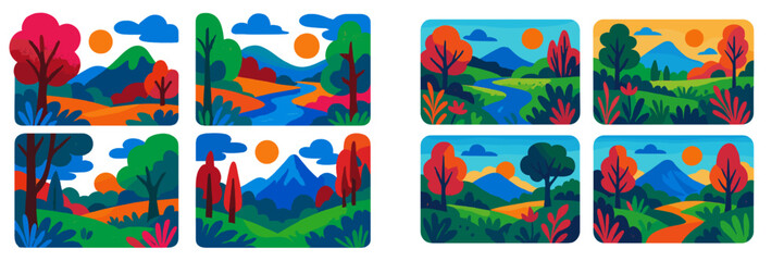 Poster - Colorful landscape illustrations showcasing mountains, rivers, and vibrant nature in a serene outdoor setting