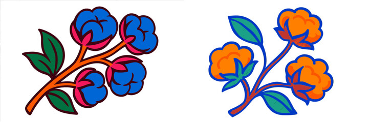 Aufkleber - Colorful floral designs with blue cotton flowers and orange blooms on a clean background showcasing artistic graphic work