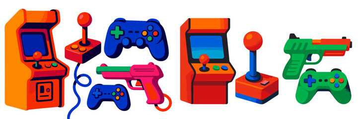 Aufkleber - Colorful illustration showcasing various gaming controllers and arcade machines in a playful layout