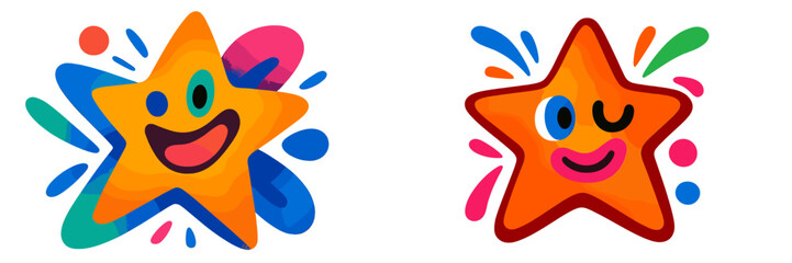 Aufkleber - Colorful cartoon stars with playful expressions and vibrant splashes of color in a cheerful design