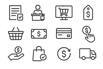 Aufkleber - Shopping process icons illustrating e-commerce, purchasing items, and transaction activities in modern retail settings