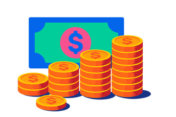 Aufkleber - Stacks of coins and a banknote arranged creatively to symbolize wealth and financial growth in a vibrant setting