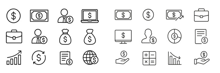 Poster - Financial icons depicting currency, business activities, and economic concepts on a white background