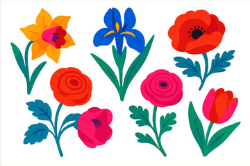 Poster - Colorful spring flowers featuring daffodil, iris, poppy, and tulip in a vibrant illustration
