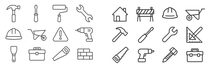 Poster - Collection of construction and handyman tools including hammers, screwdrivers, and safety equipment at a workshop setting