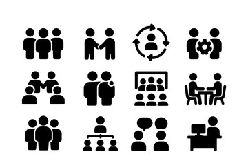 Poster - Various icons representing teamwork, collaboration, and communication in a professional setting with diverse interactions among multiple individuals