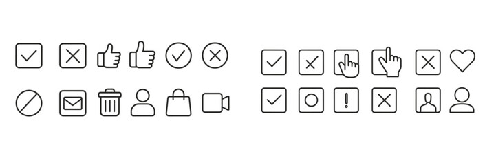 Fototapete - Collection of minimalist icons representing various actions and statuses used in digital designs and user interfaces on a white background
