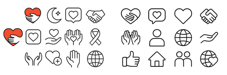 Poster - Collection of simple line art icons representing love, support, and community activities in a harmonious layout