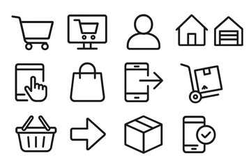 Poster - Symbols representing online shopping, e-commerce, and delivery in a simple line art style